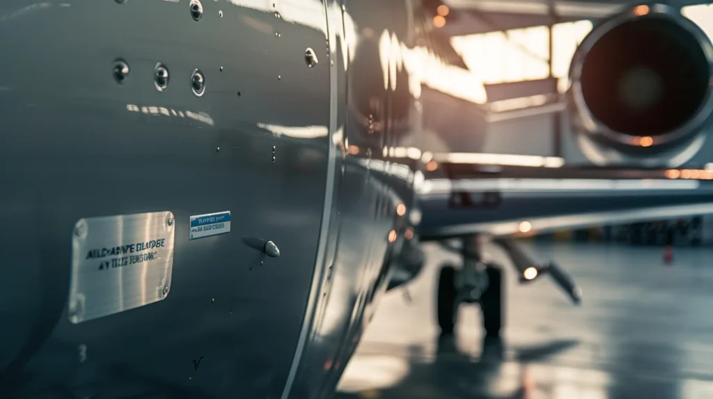 Flugzeugaußenhaut mit Metallschild und blauem Etikett im Hangar – Etiketten Luft- und Raumfahrt