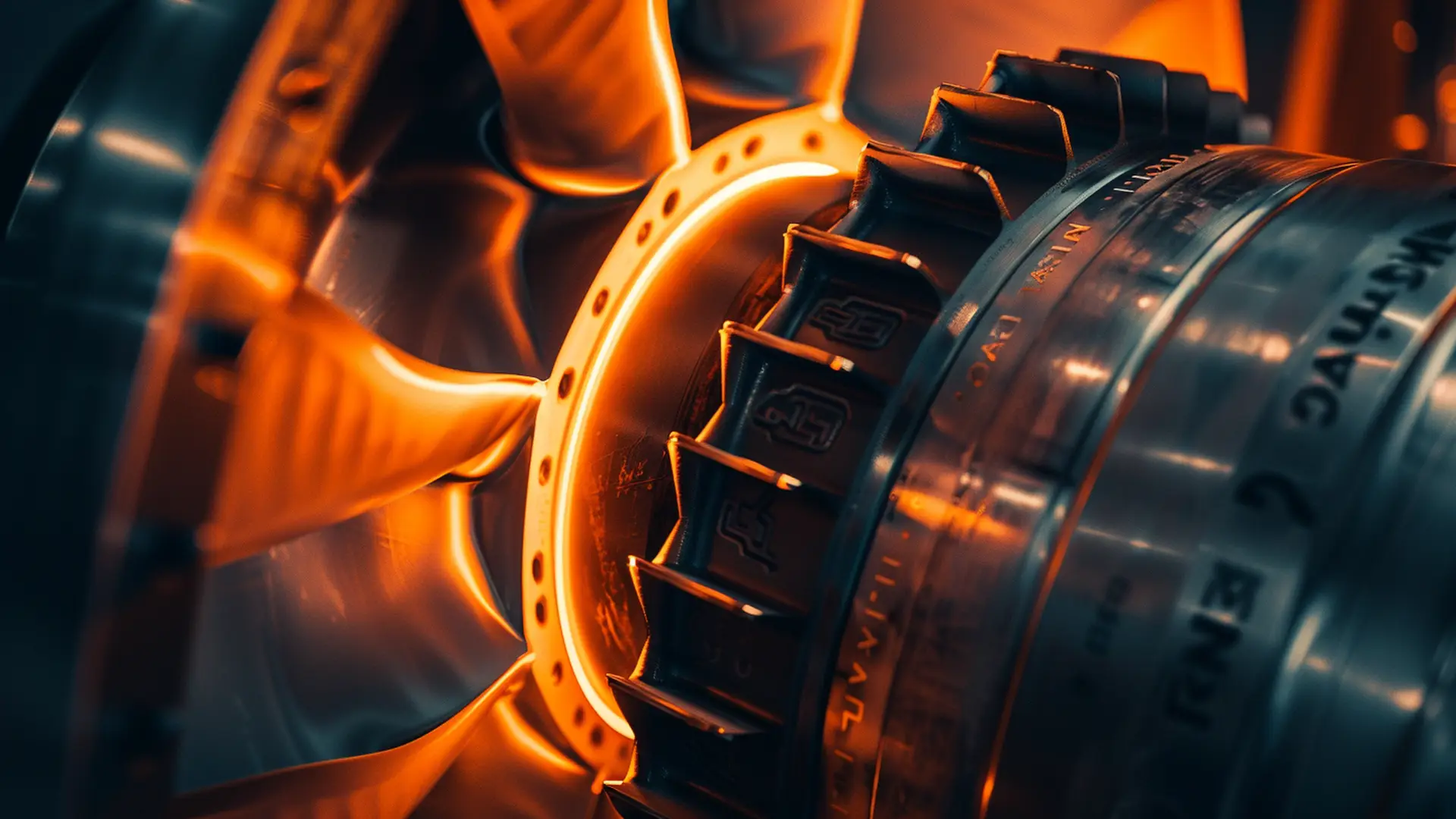 Strahltriebwerk-Turbinenschaufeln in orangem Glühlicht – Etiketten Luft- und Raumfahrt