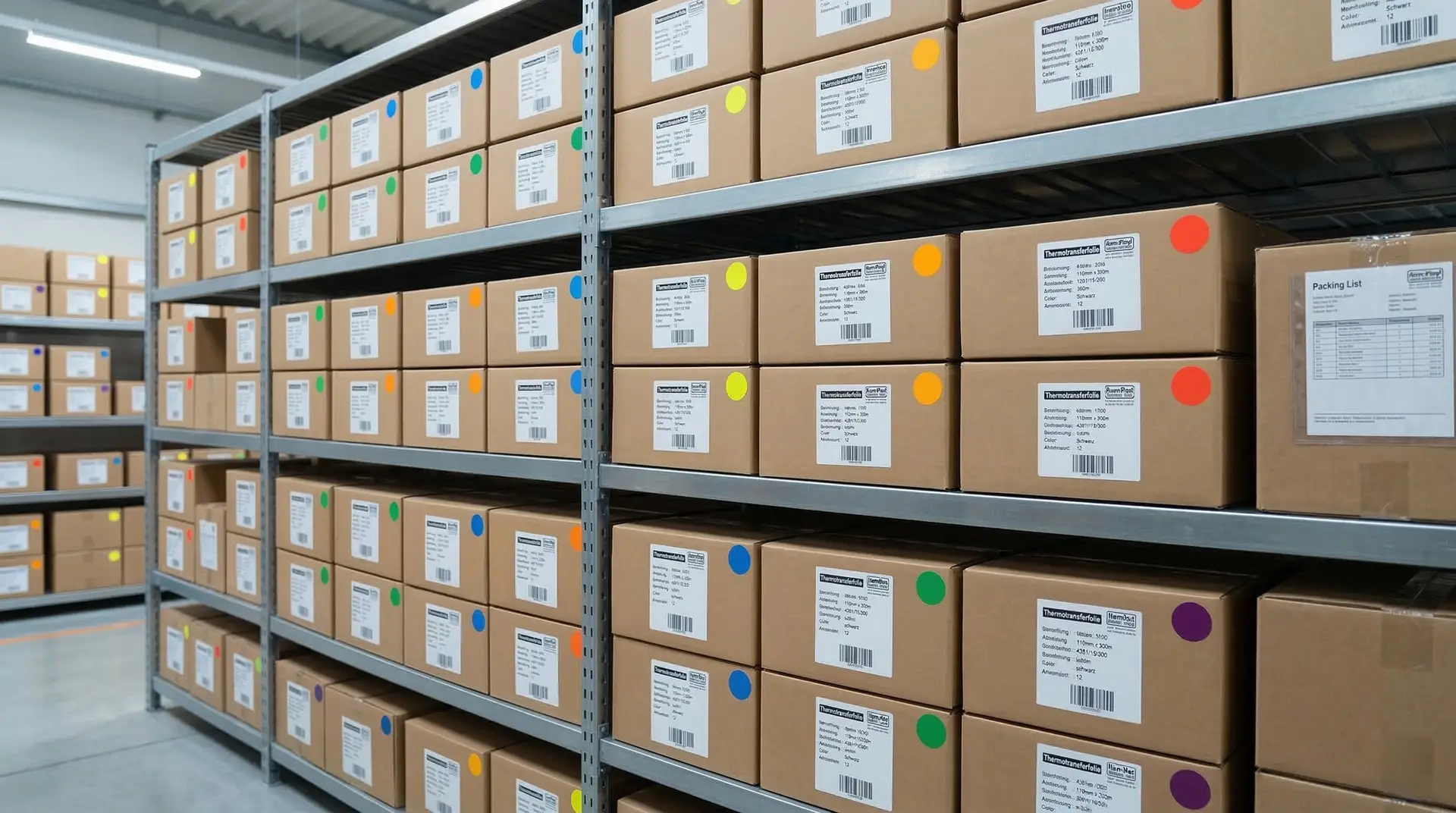 Kartons in Lagerregal mit bunten runden Markierungspunkten zur Kategorisierung