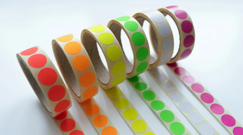 Sechs Rollen bunter Markierungspunkte in Rot, Orange, Gelb, Grün und Pink auf weißem Untergrund