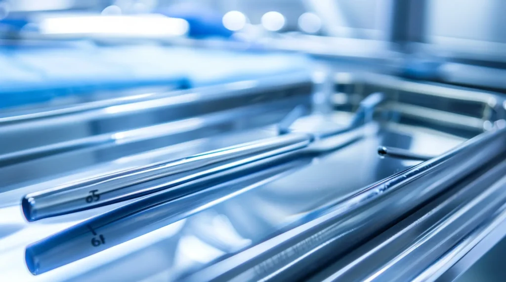 Silberne Medizin-Schienen in blauem Licht – Etiketten Medizintechnik Sterilisierungsbedarf