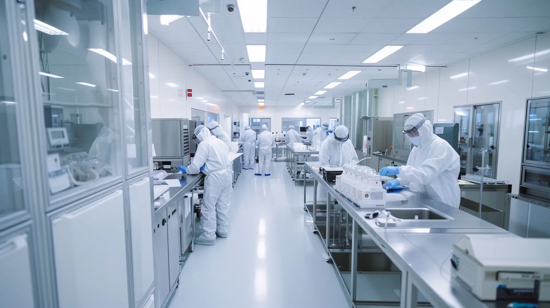 Mitarbeiter in Schutzanzügen bei Medizintechnik-Produktion im weißen Reinraum