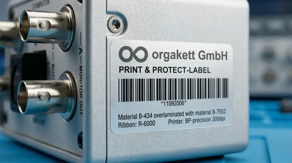 Silbernes metallisiertes Etikett mit Barcode und PRINT & PROTECT-LABEL auf grauem Gerät