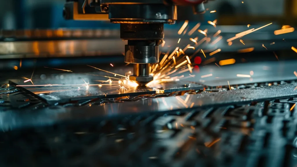 Laserschneidmaschine schneidet Metallblech mit orangenem Funkenflug – Etiketten Metallverarbeitung