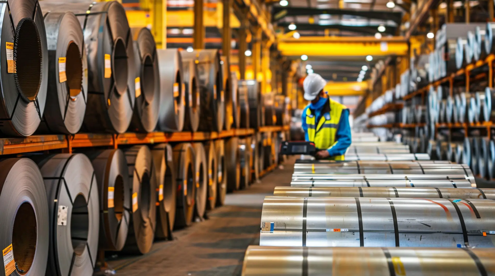 Stahlrollen in Hochregallager mit Mitarbeiter in Warnweste – Etiketten Metallverarbeitung Stahlbau