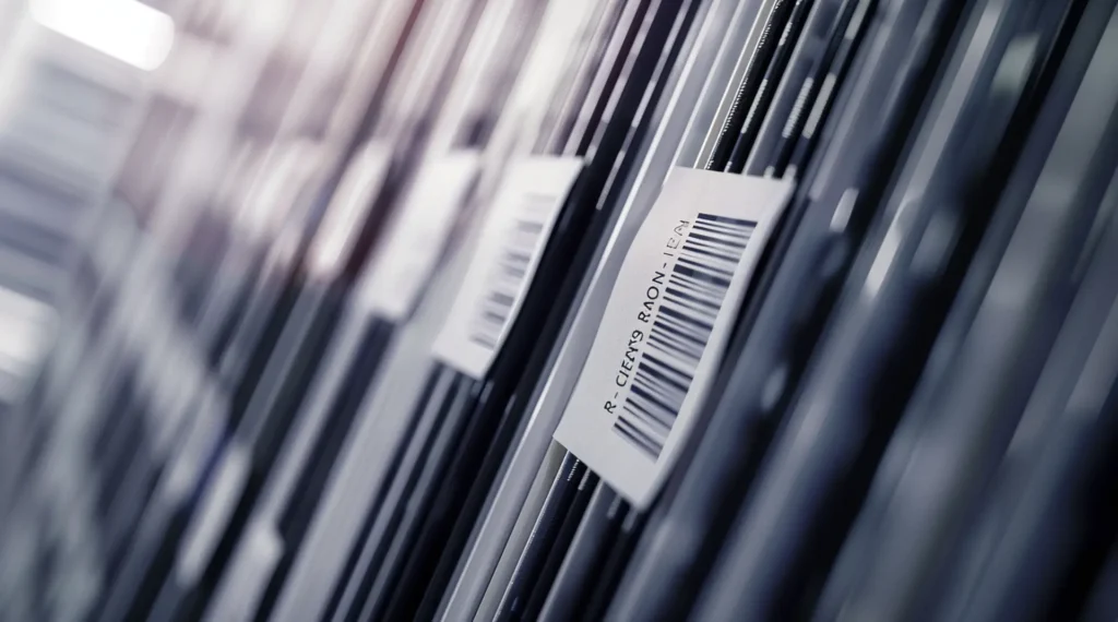 Schwarze Aktenrücken mit weißem Barcode-Etikett im Behörden-Archivschrank – öffentliche Verwaltung