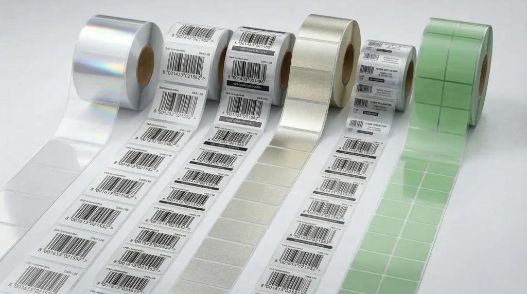 Fünf PET-Etikettenrollen in silber, holographisch, gold und grün mit Barcode auf hellem Untergrund