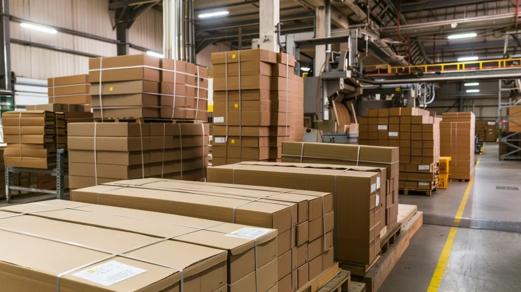 Gestapelte Kartonpaletten mit Etiketten auf Paletten in großer Druckindustrie-Lagerhalle