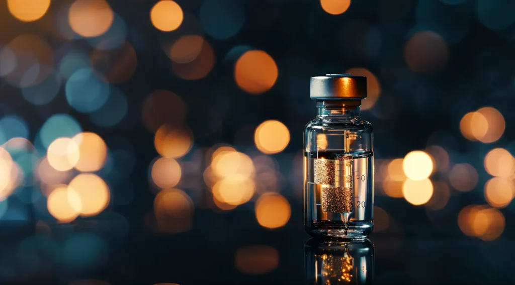 Klare Glasampulle mit goldenem Verschluss vor unscharfem Lichtbokeh – pharmazeutische Industrie