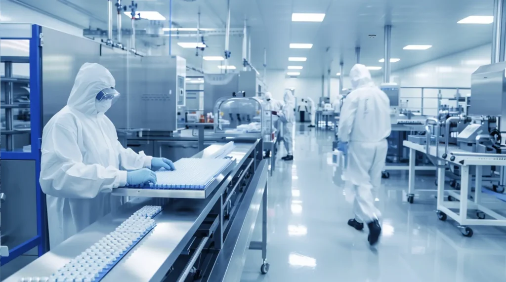 Pharmazeutische Produktion im Reinraum mit Mitarbeitern in Schutzanzügen – Etiketten Pharma