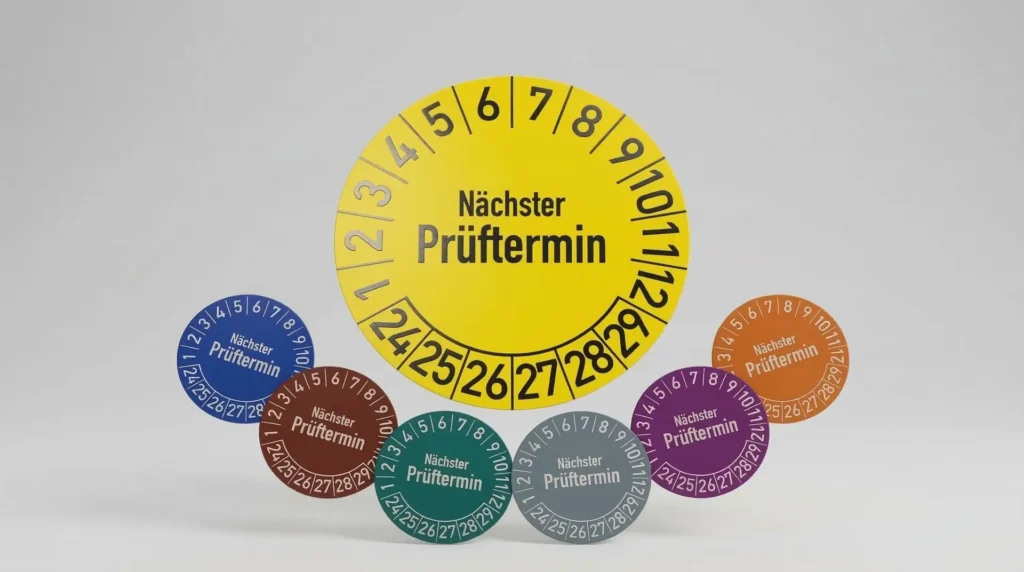 Gelbe runde Prüfplakette Nächster Prüftermin mit Monatsfeldern und bunte Varianten – Prüfplaketten
