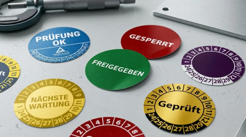 Runde Prüfplaketten Prüfung OK, Freigegeben, Gesperrt und Nächste Wartung auf metallischer Oberfläche