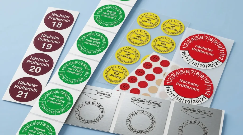 Prüfplaketten-Bögen in lila, grün, rot mit Nächster Prüftermin und VDE-Geprüft-Aufschrift