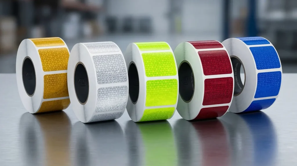 Fünf Rollen reflektierender Etiketten in Gelb, Silber, Neongelb, Rot und Blau nebeneinander