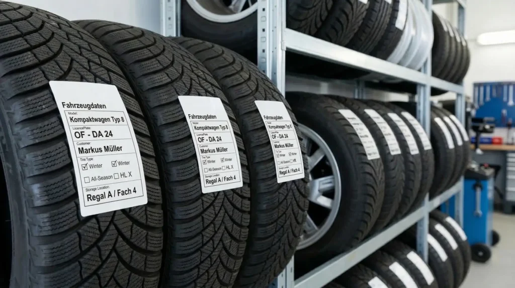 Eingelagerte Reifen auf Regal mit weißen Fahrzeugdaten-Etiketten Fahrzeugtyp und Kundenname