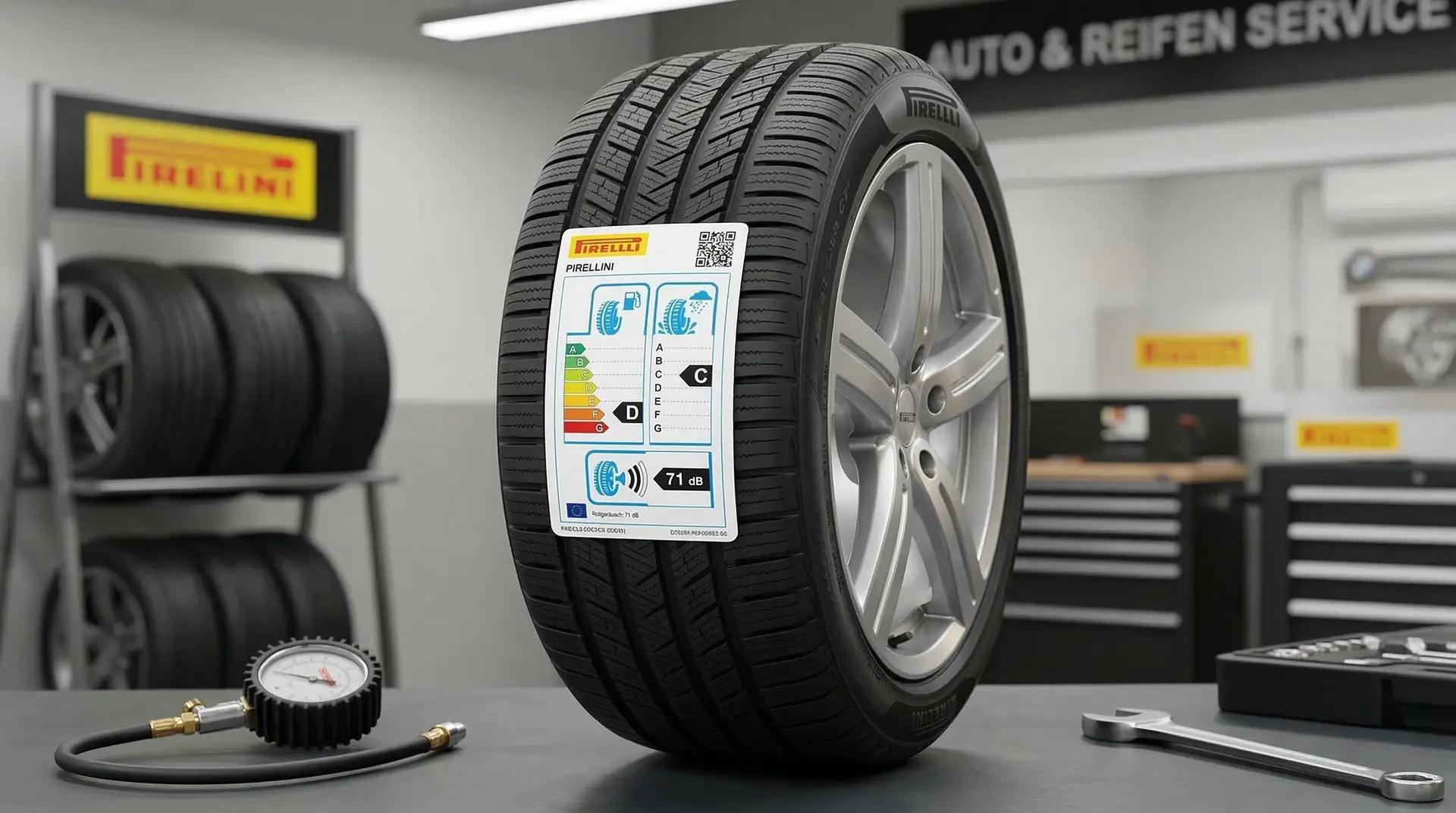 Pirelli-Reifen mit EU-Reifenetikett für Energieeffizienz und Nasshaftung in Reifenwerkstatt
