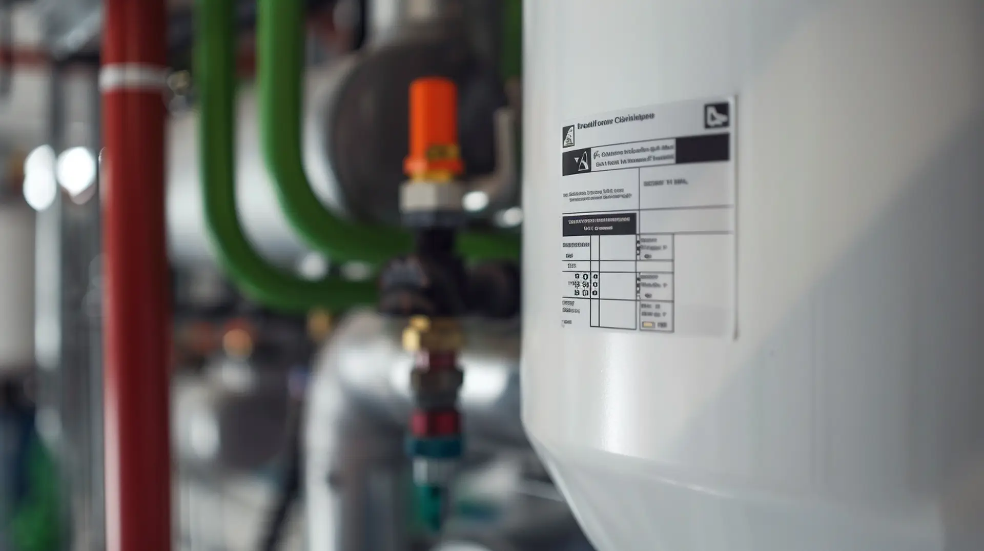 Weißer Warmwasserspeicher mit Typenschild an farbigen Rohrleitungen im Heizungsraum