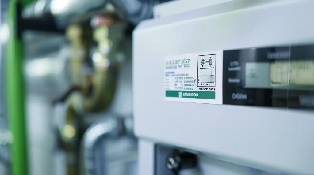 Weißes Heizungsaggregat mit Typenschild und grünem Etikett neben Rohrleitungen – SHK-Etiketten