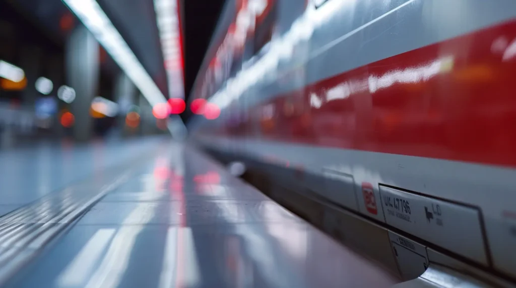 Roter und weißer S-Bahn-Zug mit Typenschild an der Seite in moderner U-Bahn-Station – Schienenfahrzeugbau