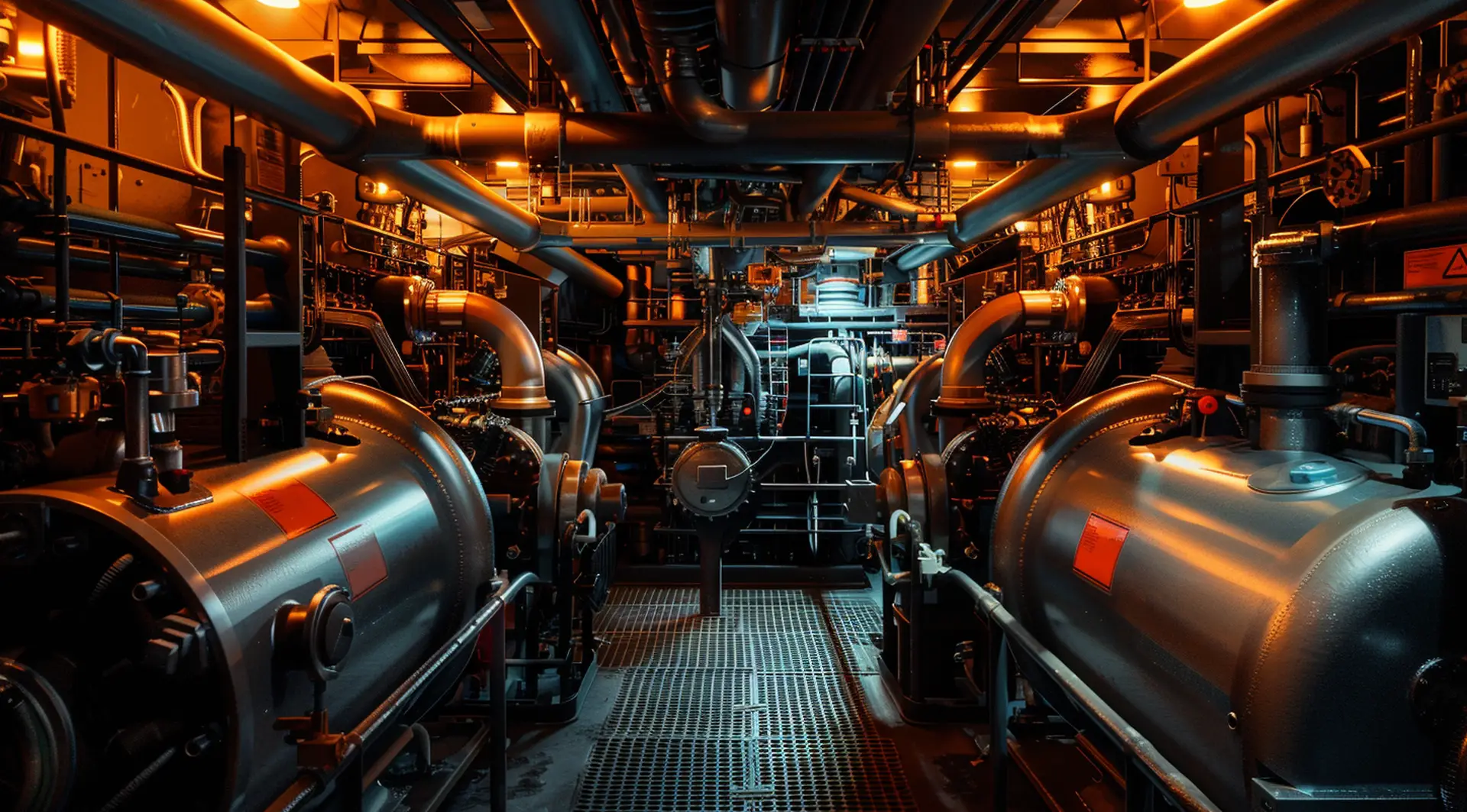 Schiffsmaschinenraum mit Rohrleitungen, Tanks und orangen Warnetiketten – Etiketten Schiffbau