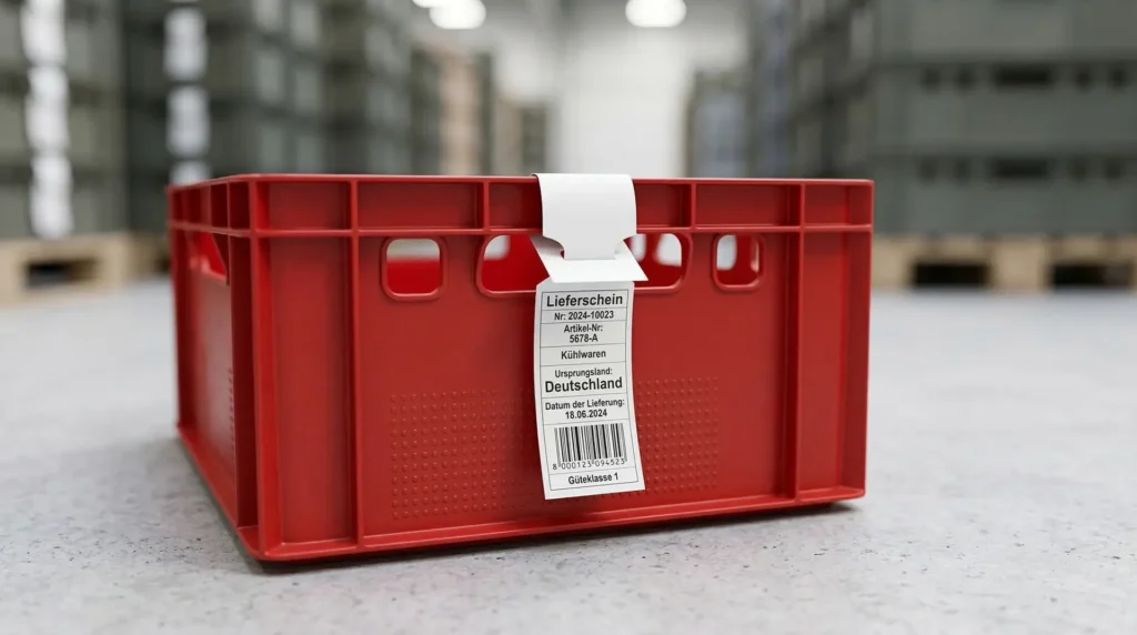 Weißes Schlaufenetikett mit Lieferschein und Barcode an roter Kunststoff-Transportkiste