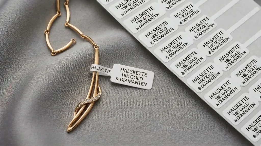 Goldene Halskette mit weißen Schmucketiketten Halskette 18K Gold & Diamanten – Schmucketiketten