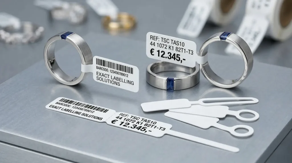 Silberringe mit weißen Schmucketiketten Barcode und Preisangabe – Schmucketiketten Juwelier