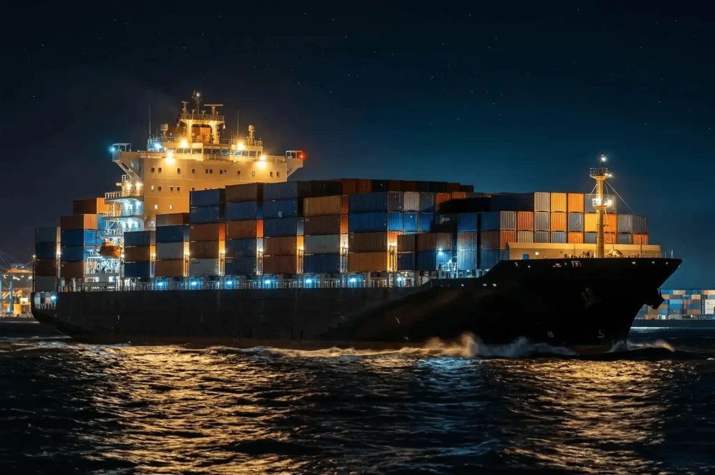 Vollbeladenes Containerschiff bei Nacht auf See – seewasserbeständige Etiketten für Schiffslogistik