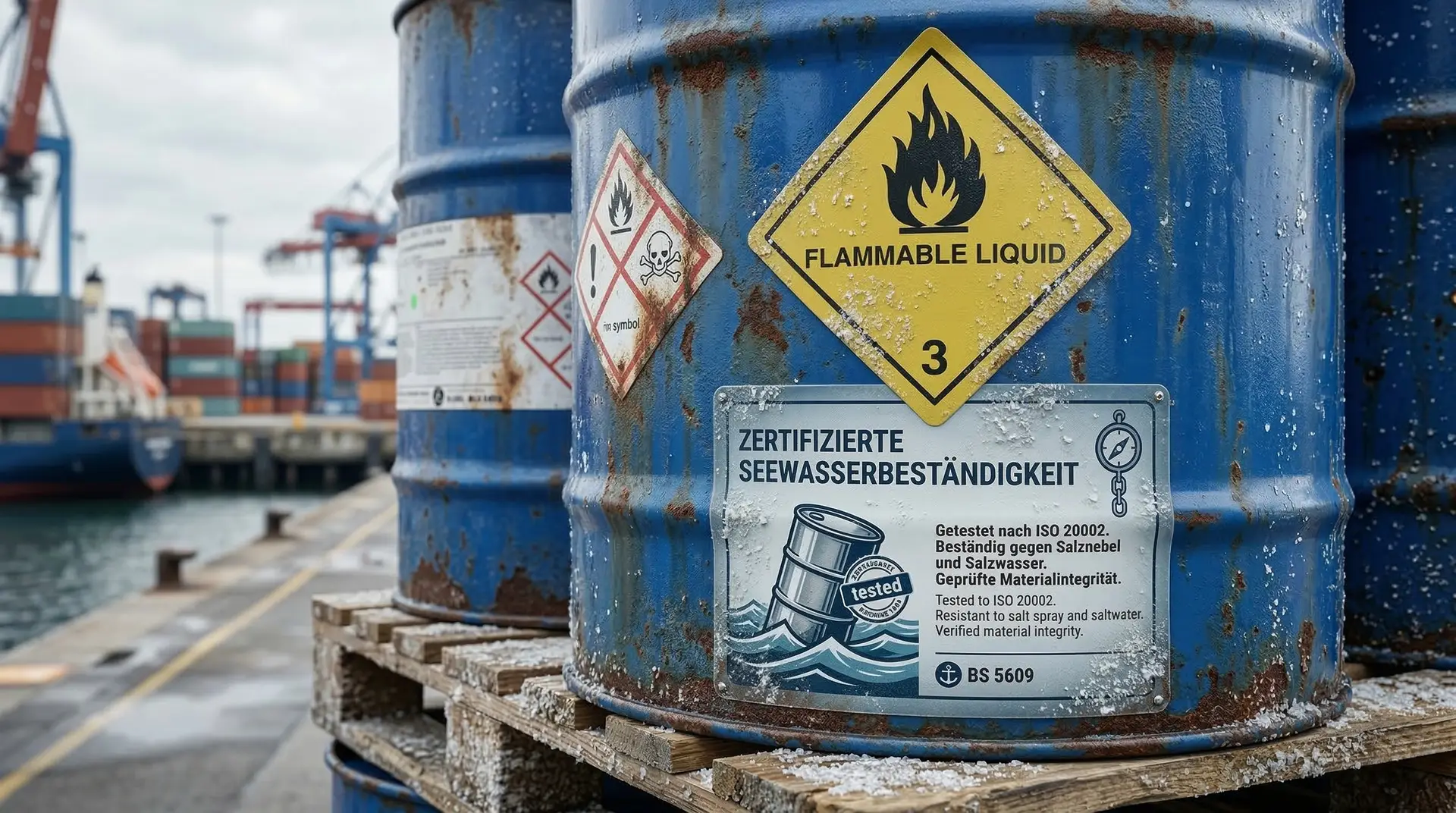 Blaue Metallfässer mit GHS-Etikett Flammable Liquid und Seewasserbeständigkeits-Zertifikat am Hafen