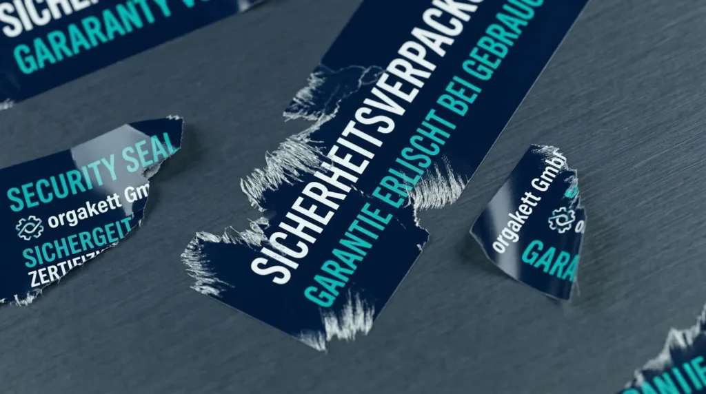 Zerrissene dunkle Sicherheitsetiketten mit Aufdruck Sicherheitsverpackung und Garantie erlischt