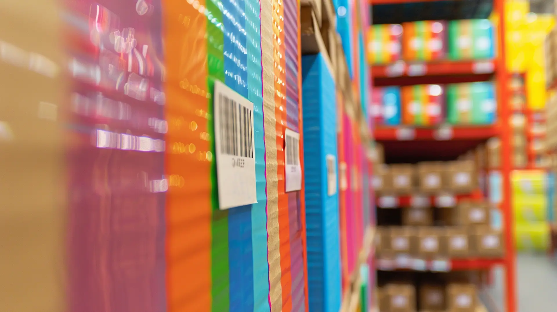 Bunte Spielzeugkartons mit Barcode-Etiketten in Lagerregal – Spielwarenindustrie-Etiketten