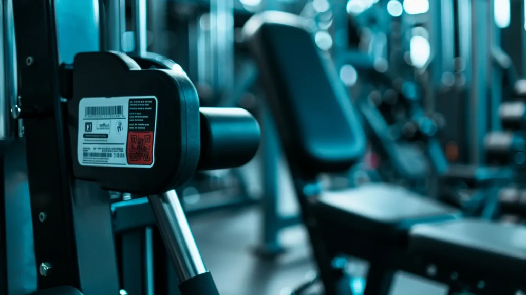 Schwarzes Kraftgerät im Fitnessstudio mit weißem Barcode- und rotem QR-Code-Etikett