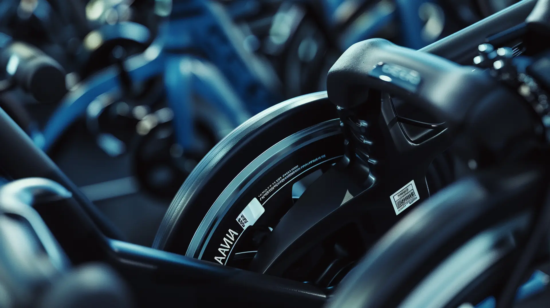 Schwarze Fahrräder eng geparkt mit weißem Barcode-Etikett auf Rahmen – Sport-Freizeitgeräte