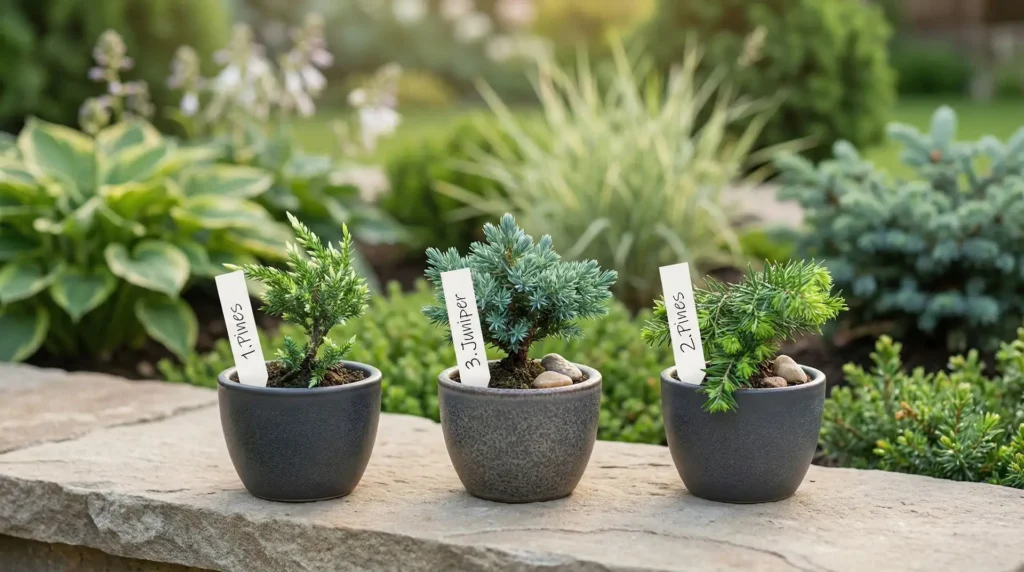 Drei kleine Nadelgehölze in Töpfen mit weißen Stecketiketten und Pflanzennamen im Garten