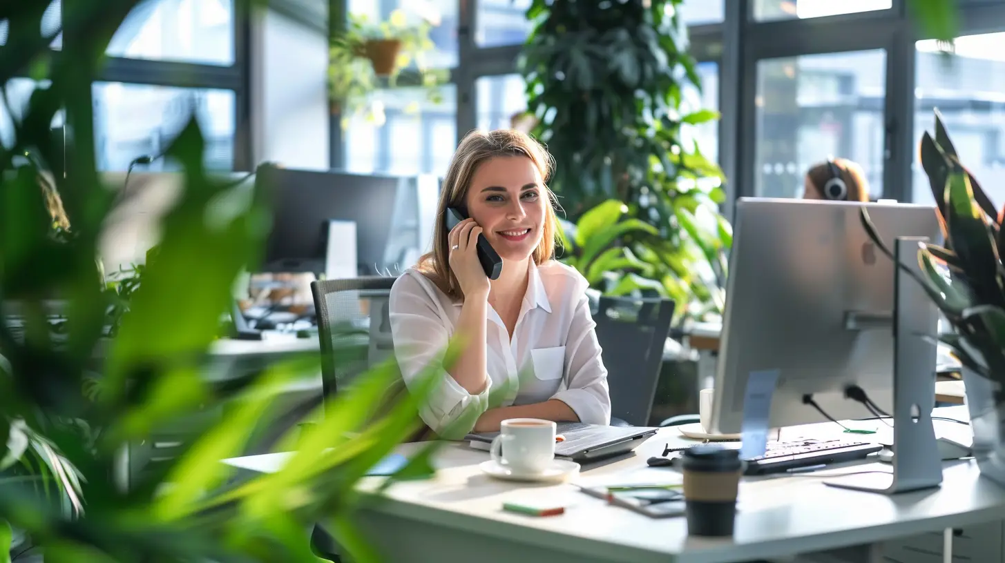 Beraterin telefoniert am Schreibtisch im modernen Büro für Etikettenkunde
