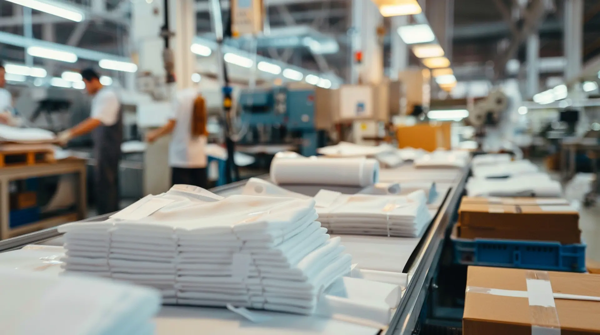 Weiße Textilstücke auf Fließband in Bekleidungsproduktion – Etiketten für Textil- und Bekleidungsindustrie