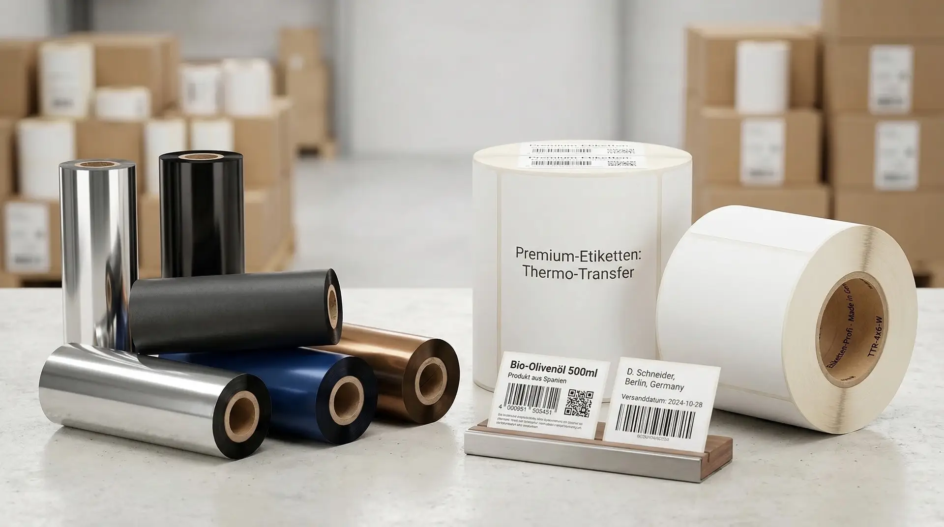 Vier Farbbänder und weiße Etikettenrolle Premium-Etiketten Thermo-Transfer im Lager