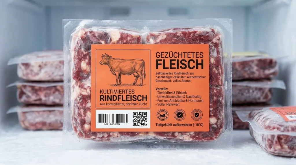 Rindfleischpackung mit orangenem Tiefkühl-Etikett Kultiviertes Rindfleisch im Gefrierschrank