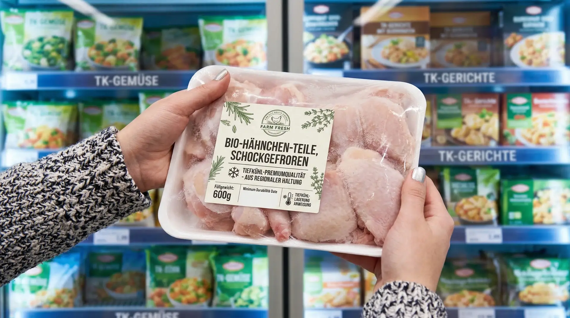 Hände halten Bio-Hähnchen-Tiefkühlpackung mit Tiefkühl-Etikett vor Gefrierregalen im Supermarkt