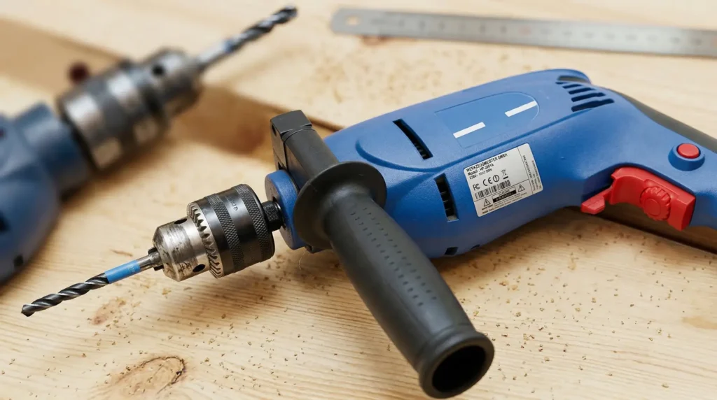 Blaue Bohrmaschine auf Holz mit weißem CE-Typenschild – Typenschilder für Elektrowerkzeuge