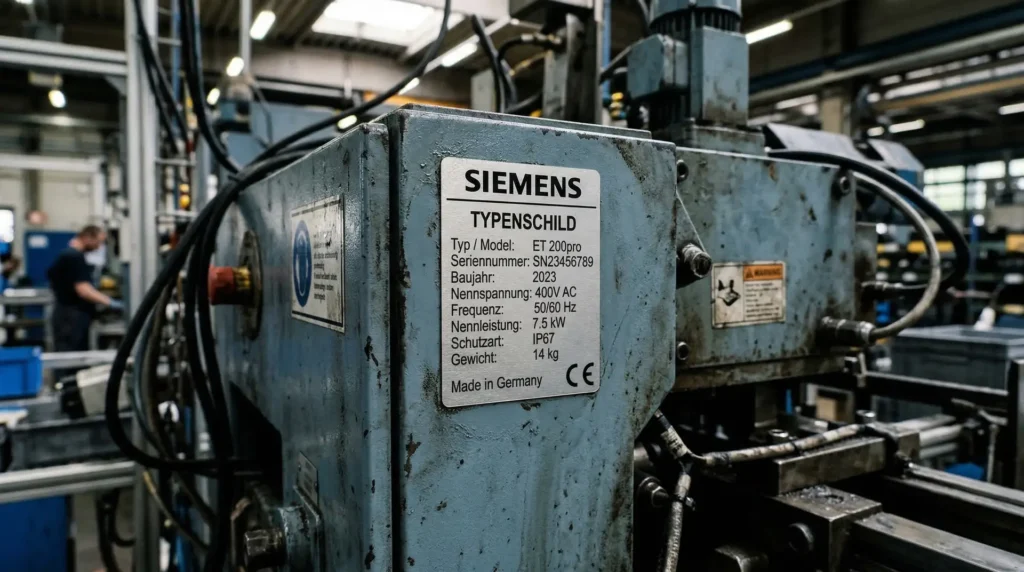 Silbernes Siemens-Typenschild mit Seriennummer und CE-Kennzeichnung an Industriemaschine