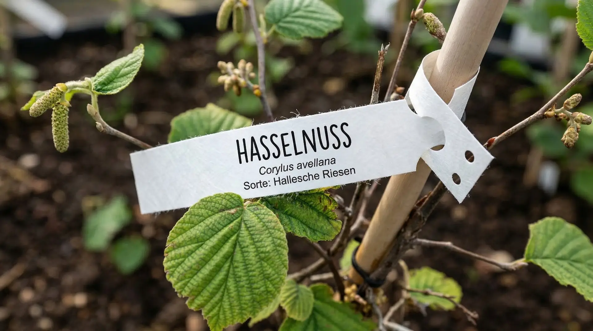 Weißes Tyvek-Pflanzen-Etikett mit Aufschrift Hasselnuss an Strauch im Gartencenter