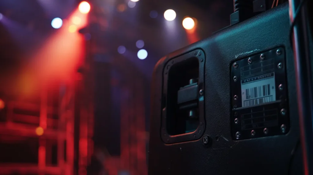 Schwarzer PA-Lautsprecher mit Barcode-Etikett vor bunter Bühnenbeleuchtung – Veranstaltungstechnik