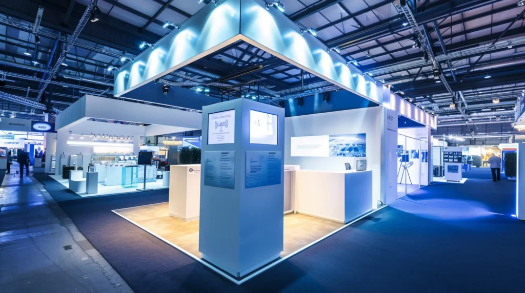 Moderner weißer Messestand mit blauer Beleuchtung in Messehalle – Etiketten Messebau
