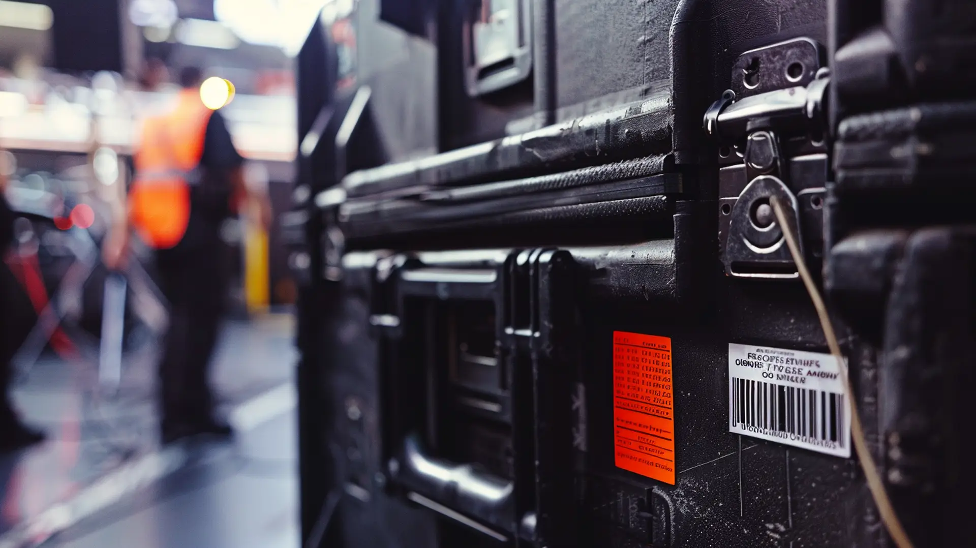 Schwarze Flightcases mit orangenem und weißem Barcode-Etikett bei Bühnentechnik-Aufbau