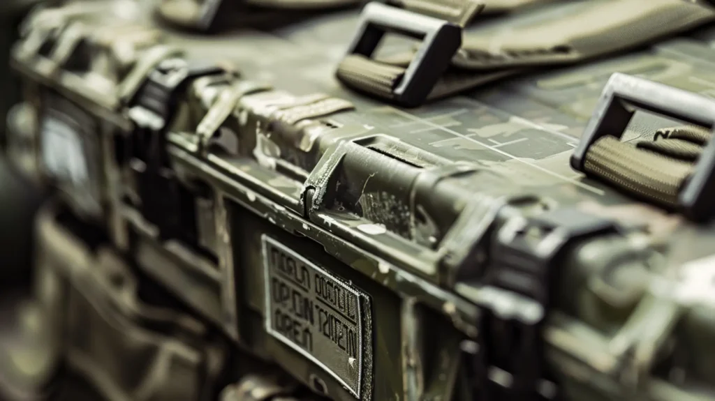 Gestapelte Militärkoffer im Camouflage-Muster mit Typenschildern – Etiketten Verteidigung Rüstung