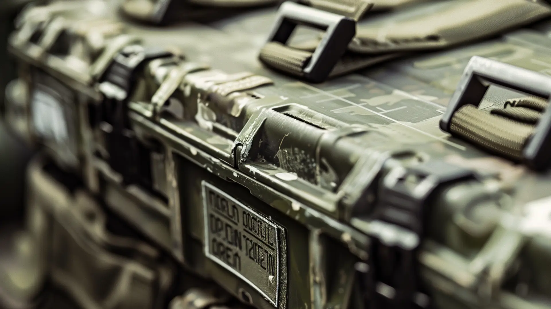 Gestapelte Militärkoffer im Camouflage-Muster mit Typenschildern – Etiketten Verteidigung Rüstung