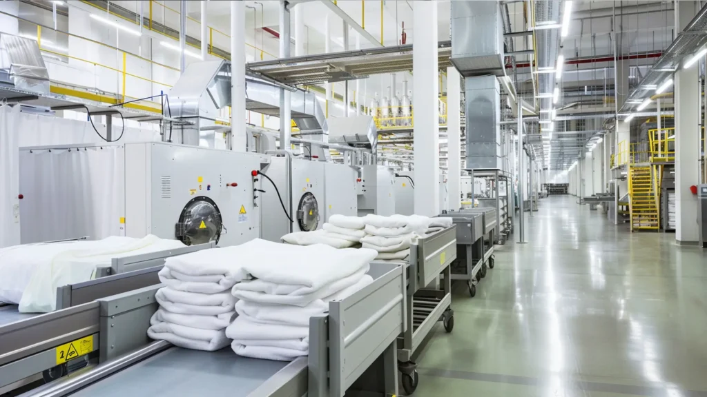Industriewäscherei mit weißen Handtuchstapeln auf Wagen und Großwaschmaschinen – Textilreinigung