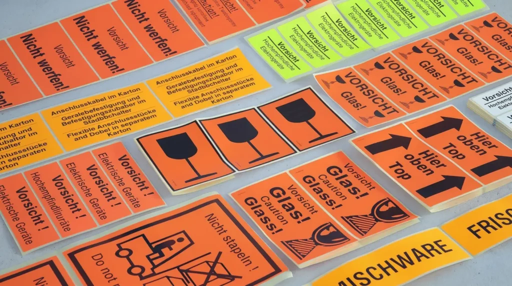 Sortiment orangener und grüner Warnetiketten mit Aufschriften Vorsicht Glas und Zerbrechlich
