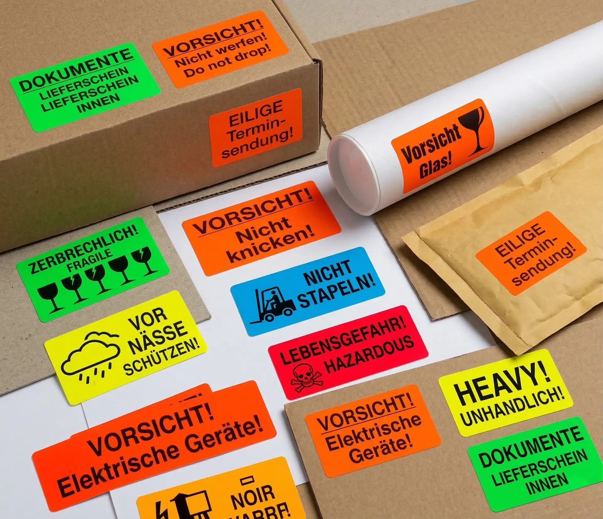Bunte Warnetiketten auf Kartons mit Aufschriften Vorsicht Glas, Nicht knicken, Eilige Terminsendung
